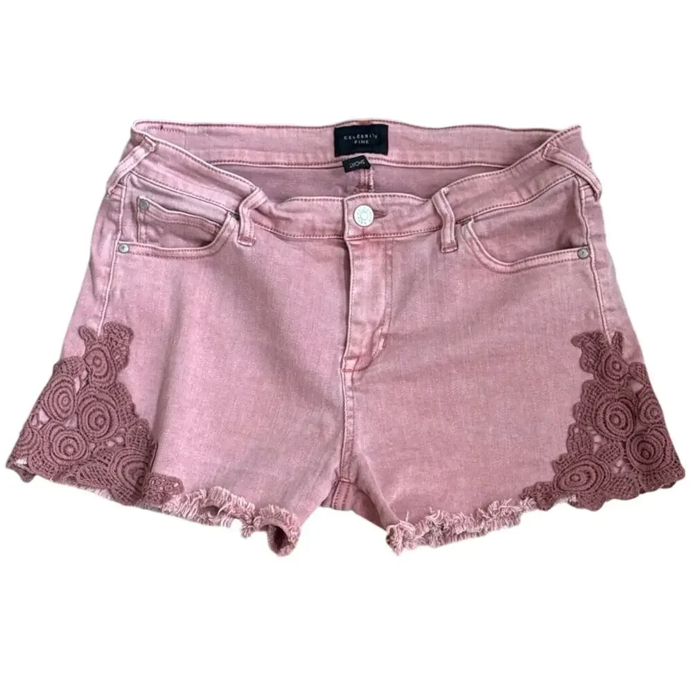 Celebrity Pink Dusty Rose Pink Denim Raw Hem Cut off Shorts with Lace Detail - Picture 6 of 6